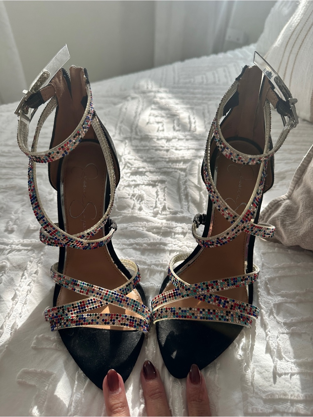 Jessica Simpson Black Sandals with Multicolor Crystal Straps